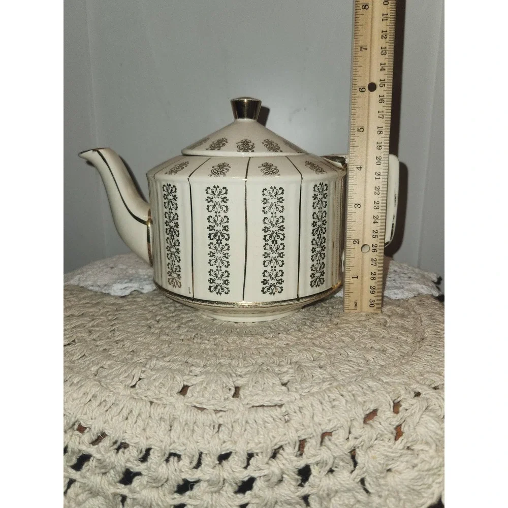Antique 1950's Sadler Gold Filigree Ceramic Teapot with Lid Regency Style